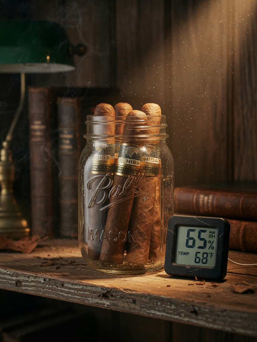 A home aging system composed of Mason jars and humidity packs, simple yet effective.